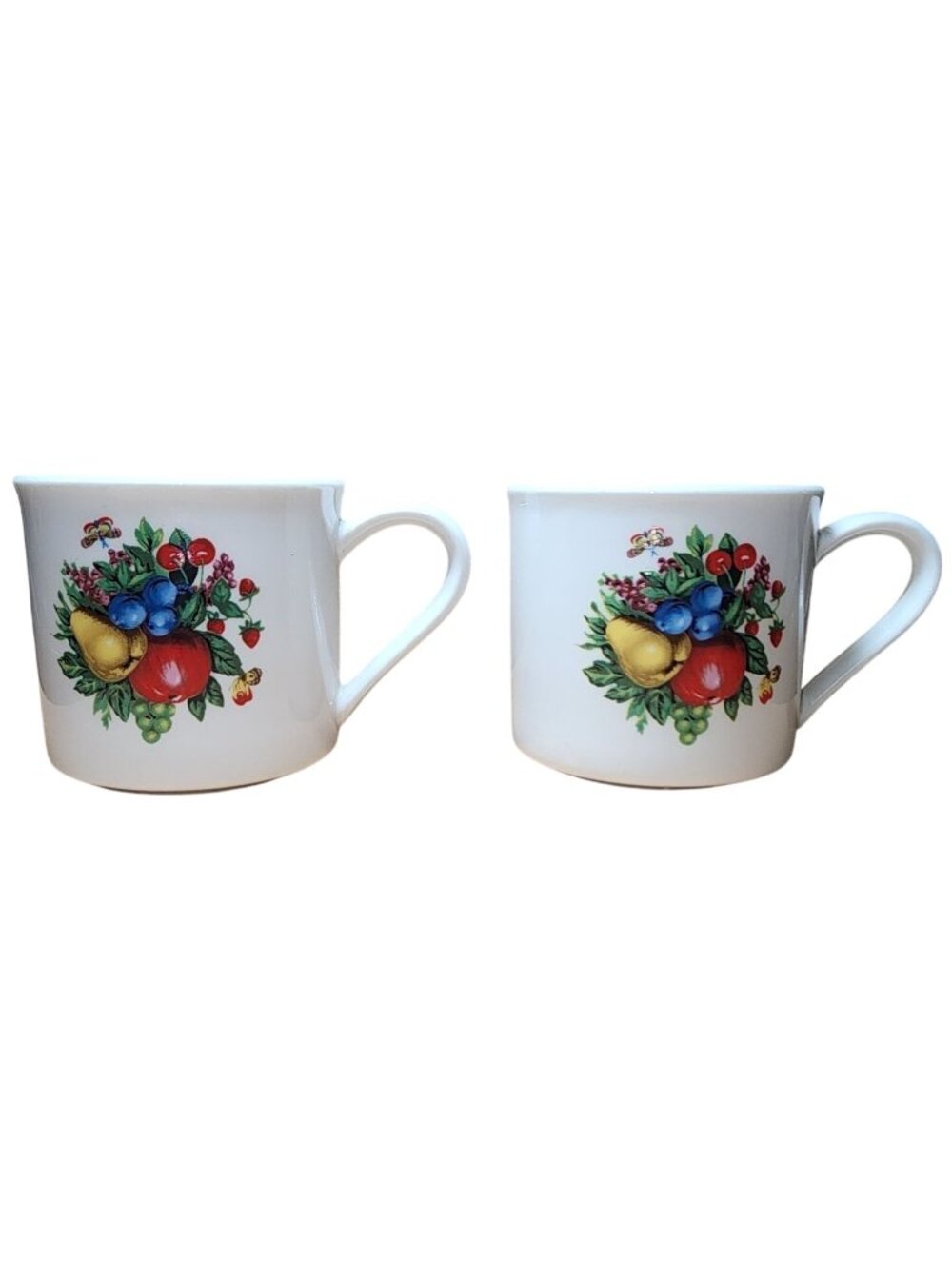 Vintage EDEN Tabletops Unlimited Coffee Cup White Mug Fruit Print Set of 2